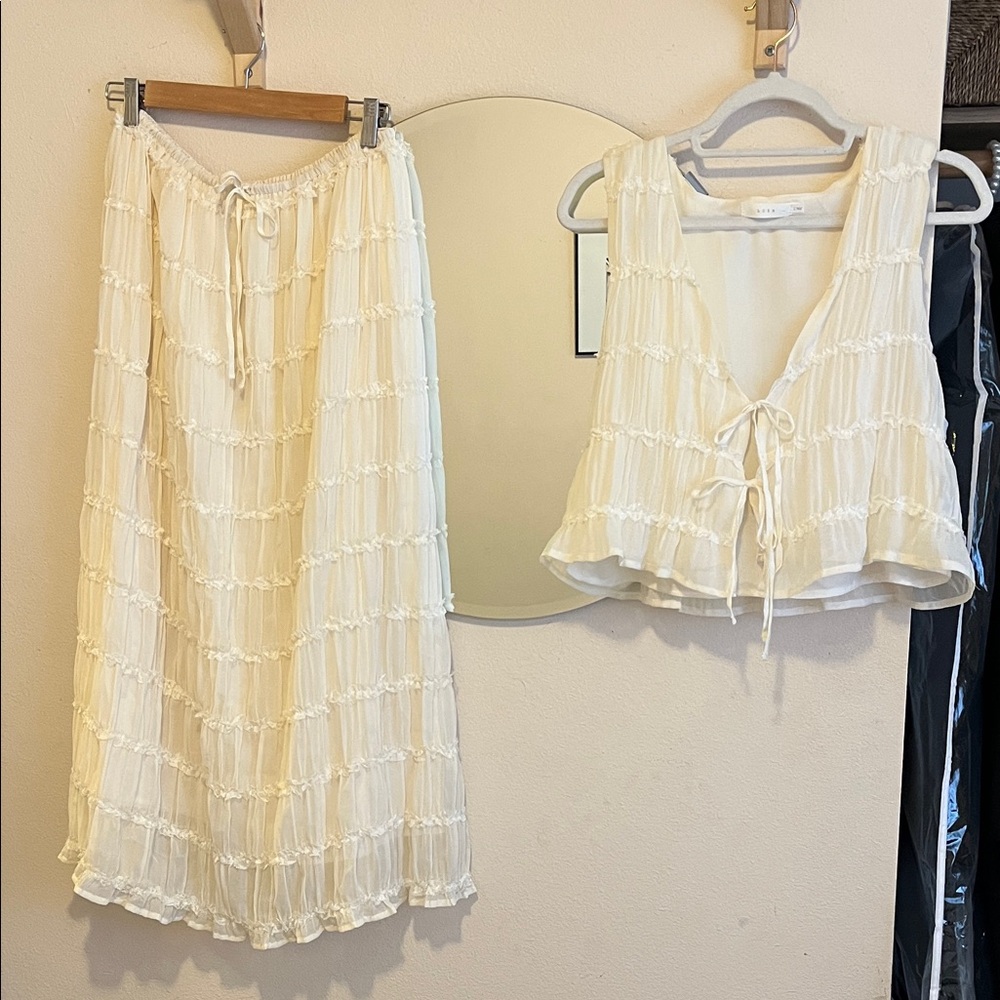 Lush Cream Chiffon and Lace Skirt Top Set